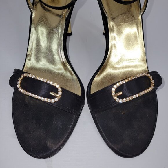 Franco Sarto L-Gabor Black Satin Open Toe Heels Gold W/Rhinestones Size 6.5 - Picture 4 of 11